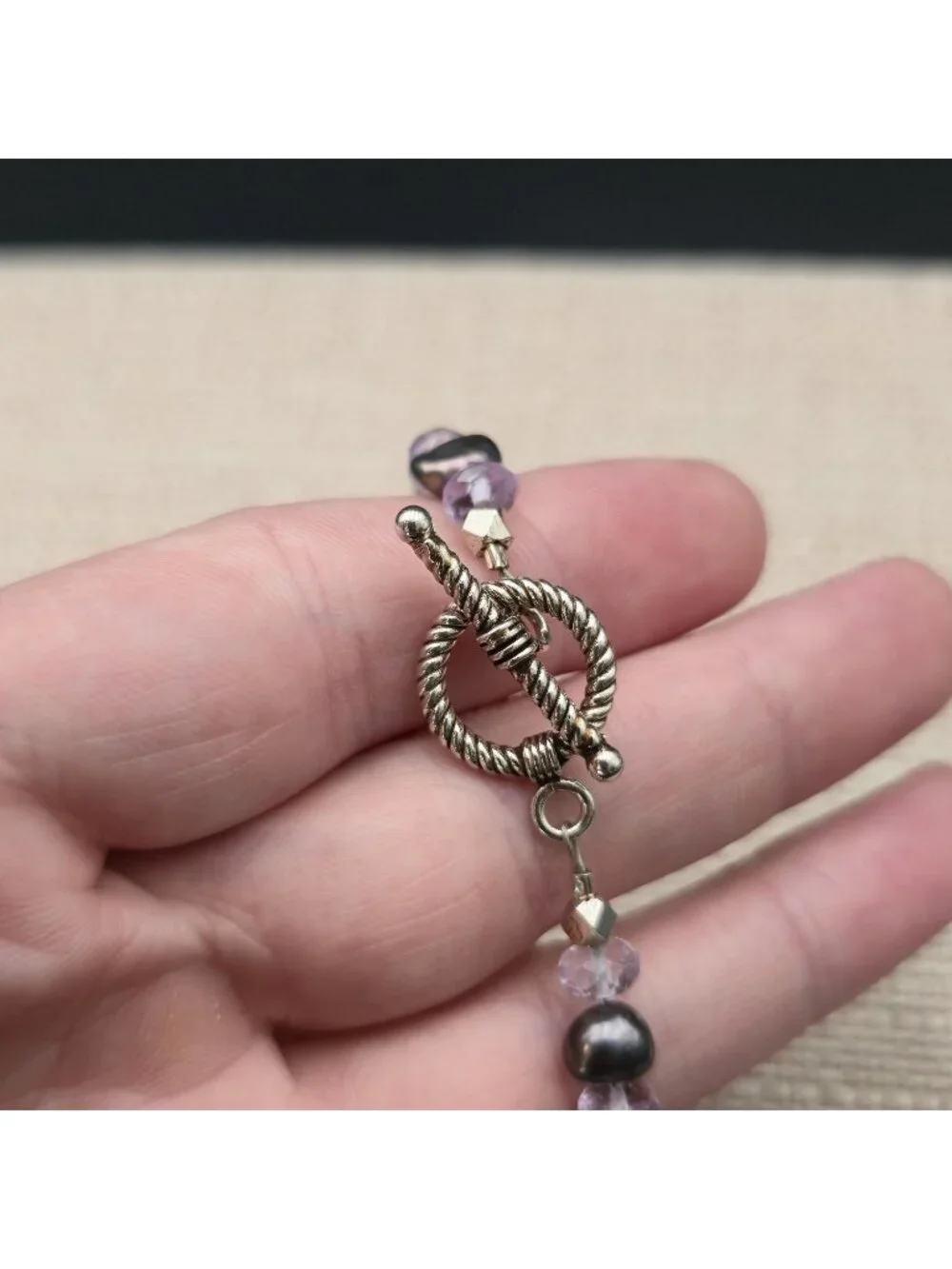 7.5 Inch Sterling Silver Black Pearl Amethyst Bead Rope Toggle Bracelet A8160